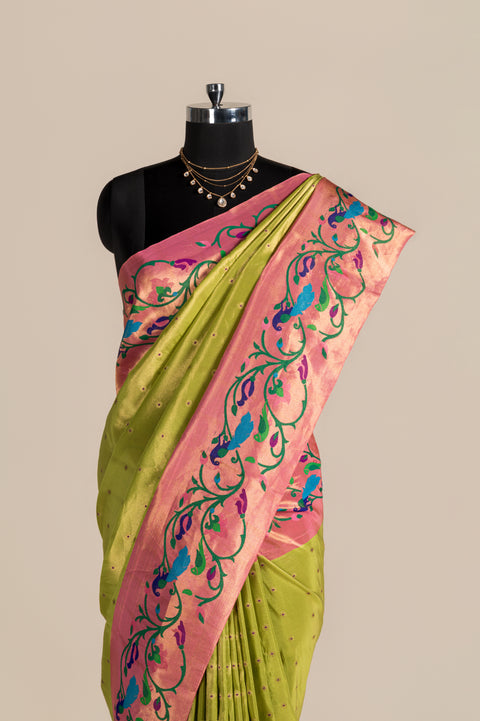 Shahi Parrot Green Pure Silk Paithani Saree with Meena Butta