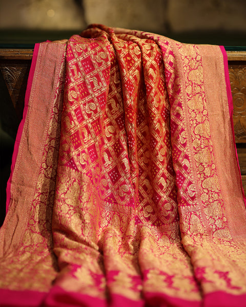 Magenta Pink Khaddi Georgette Bandhani Saree