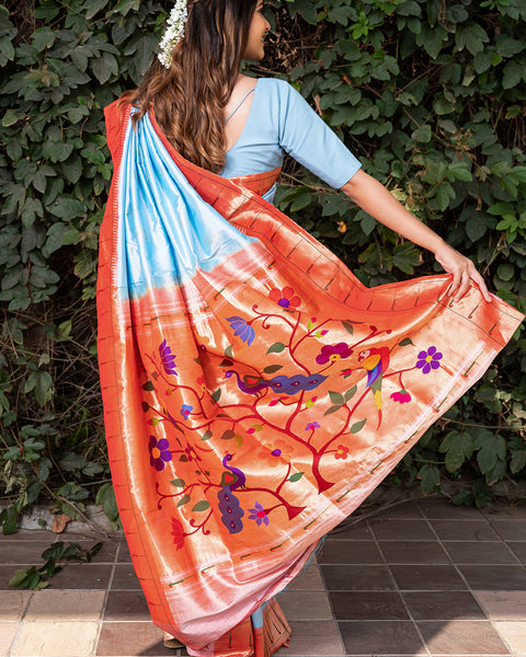 Powder Sky Blue Heirloom Pure Silk Single Munia Paithani Saree - The Vivaah Edit Lagan Special