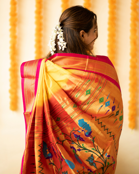 Yellow Pure Silk Paithani Saree with Contrasting Pink Traditional Border and Pallu