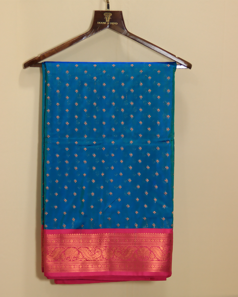 Peacock Blue Semi-Silk 9 Yard Paithani Saree with Rani Pink Border