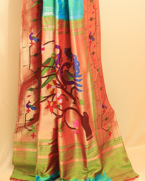 Spring 10-Yard Silk Saree  with Parrot and Peacock Motif Border