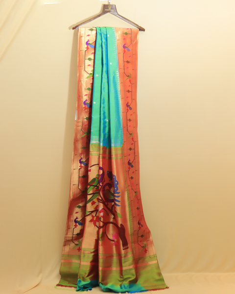 Spring 10-Yard Silk Saree  with Parrot and Peacock Motif Border