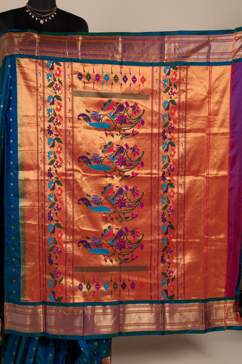 Morkanthi Teal Pure Silk Paithani Saree with Rudraksh Butta