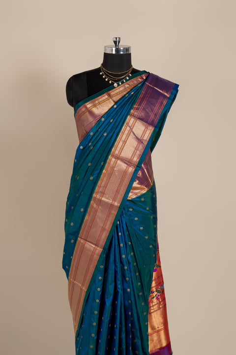 Morkanthi Teal Pure Silk Paithani Saree with Rudraksh Butta