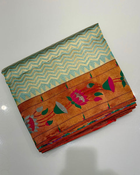 Aqua Blue Tissue Pure Silk Paithani with Lotus Border