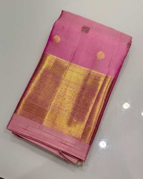 Baby Pink Pure Silk Kanjeevaram Saree with Golden Zari Work