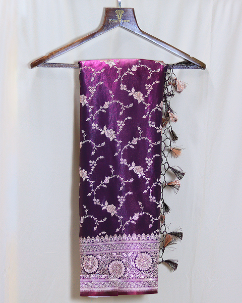 Royal Purple Banarasi Semi-Silk Saree with Silver Zari Floral Jaal and Ornate Border