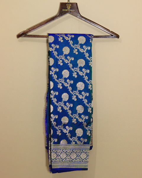 Peacock Blue Banarasi Upada Pure Silk Saree with Golden Zari Motifs