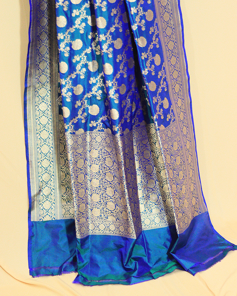 Peacock Blue Banarasi Upada Pure Silk Saree with Golden Zari Motifs