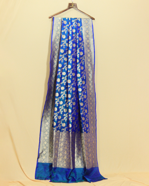 Peacock Blue Banarasi Upada Pure Silk Saree with Golden Zari Motifs