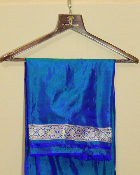 Peacock Blue Banarasi Upada Pure Silk Saree with Golden Zari Motifs