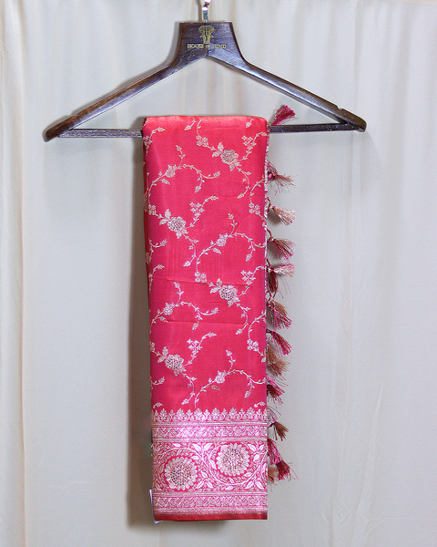 Pink Banarasi Semi-Silk Saree with Floral Jaal and Zari Border