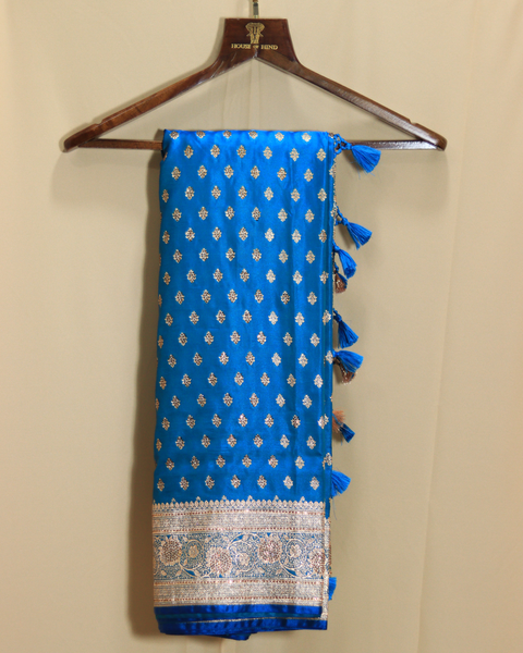 Peacock Blue Morpankhi Semi-Silk Banarasi Butti Border Saree
