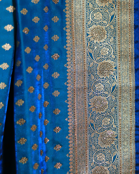 Peacock Blue Morpankhi Semi-Silk Banarasi Butti Border Saree