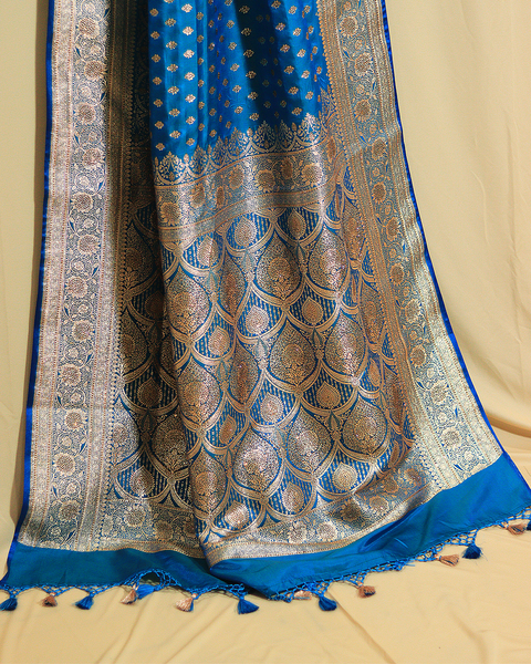 Peacock Blue Morpankhi Semi-Silk Banarasi Butti Border Saree