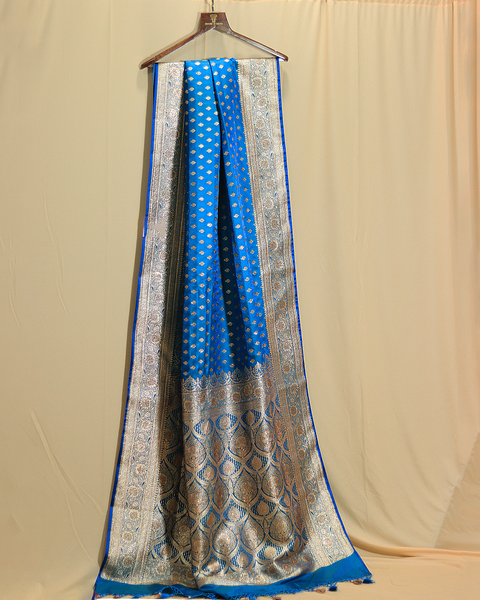 Peacock Blue Morpankhi Semi-Silk Banarasi Butti Border Saree