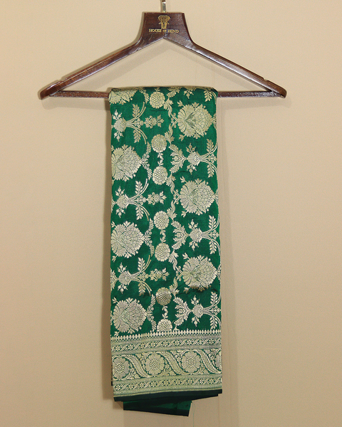 Bottle Green Banarasi Upada Pure Silk Saree with Intricate Zari Motifs