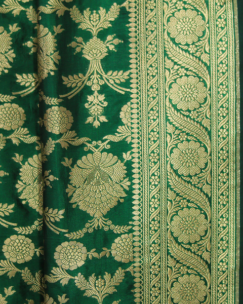 Bottle Green Banarasi Upada Pure Silk Saree with Intricate Zari Motifs