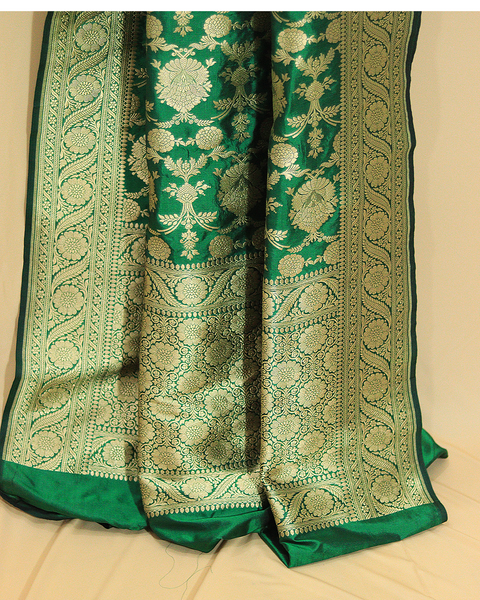 Bottle Green Banarasi Upada Pure Silk Saree with Intricate Zari Motifs
