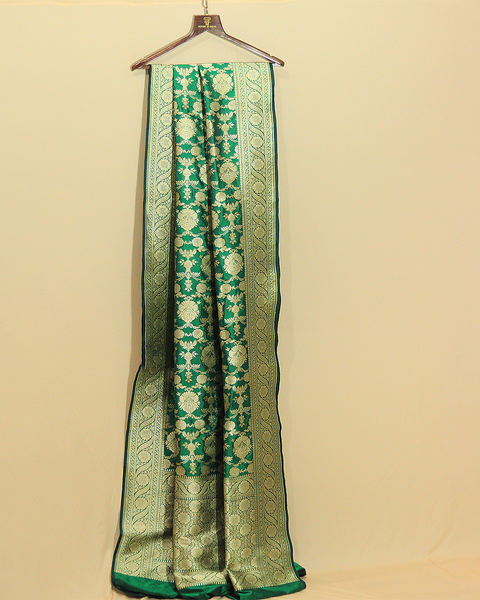 Bottle Green Banarasi Upada Pure Silk Saree with Intricate Zari Motifs