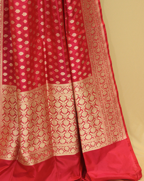 Rani Pink Banarasi Upada Pure Silk Saree with Golden Zari Buttis