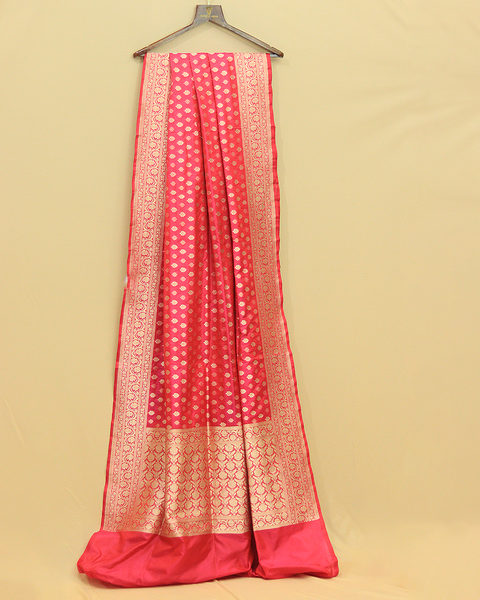 Rani Pink Banarasi Upada Pure Silk Saree with Golden Zari Buttis