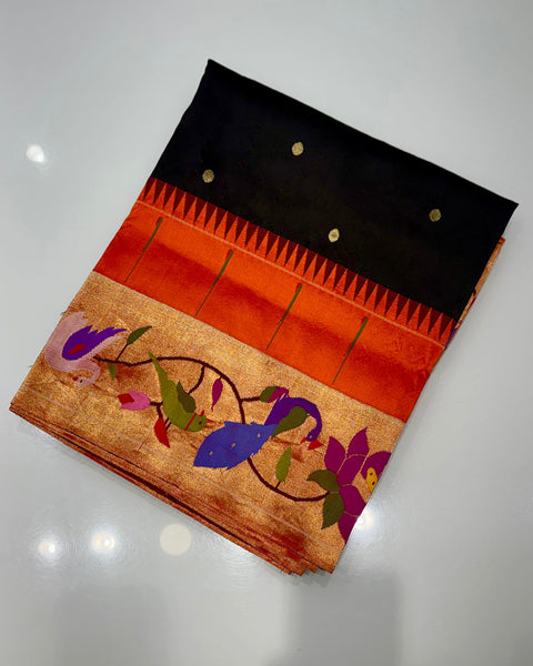 Black Pure Silk Heirloom Paithani with Lotus, Parrot & Peacock Border