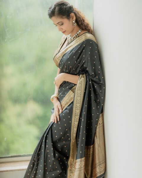 Black Banarasi Silk Saree with Silver Zari Work