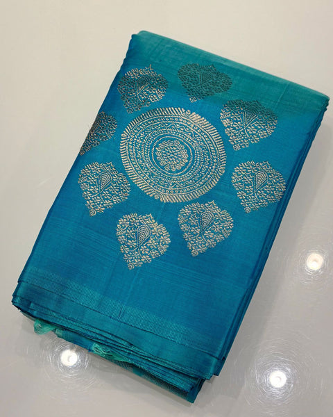 Blue Borderless Kanjeevaram Pure Silk Saree with Embroidered Blouse