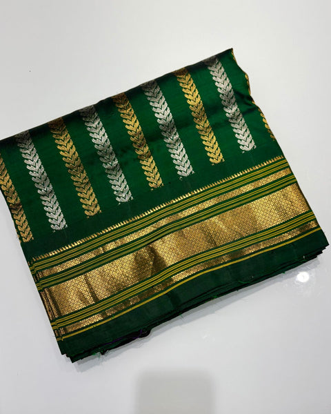 Bottle Green Pure Silk Paithani with Designer Stripes & Chataie Border