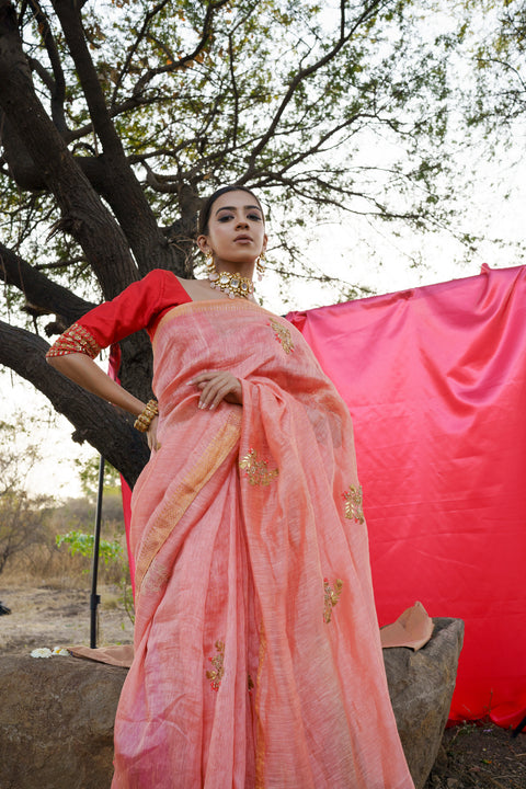 Peach Pure Linen Saree with Gottapatti Border