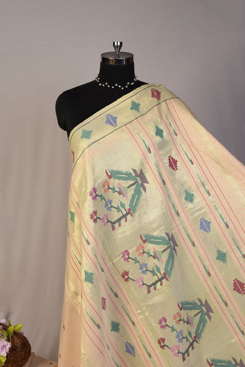 Light Baby Pink Pure Cotton Silk Paithani Saree