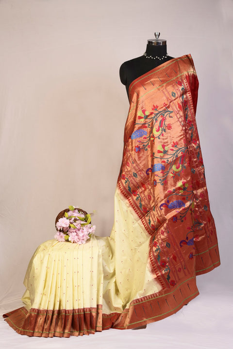 Cream White Pure Silk Munia Paithani Saree