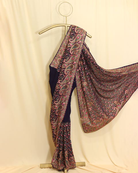 Designer Navy Blue Saree with Multicolor Embroidery
