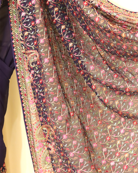 Designer Navy Blue Saree with Multicolor Embroidery