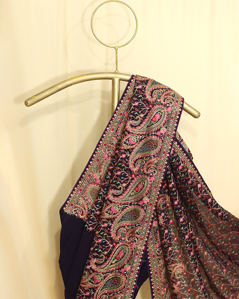 Designer Navy Blue Saree with Multicolor Embroidery