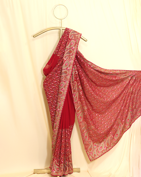 Designer Red Embroidered Georgette Saree