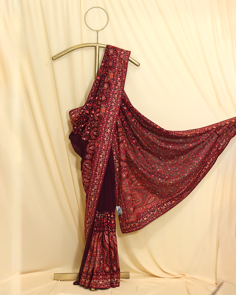 Maroon Designer Saree – A Regal Blend of Tradition
