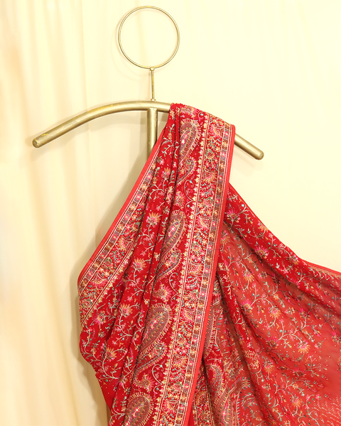 Royal Scarlet Red Embroidered Designer Saree