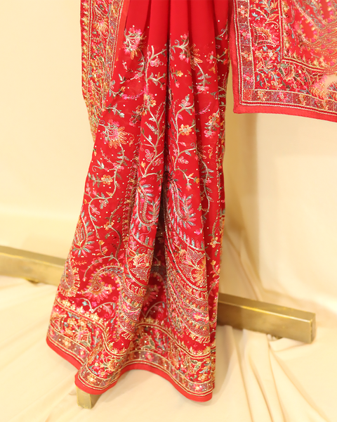 Royal Scarlet Red Embroidered Designer Saree