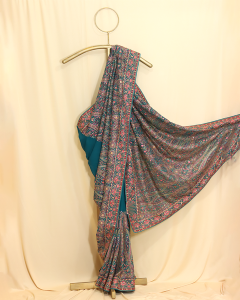 Emerald Blue Majesty Embroidered Designer Saree