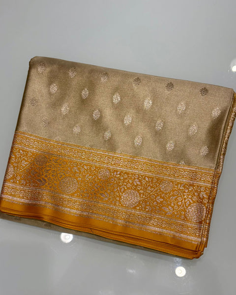 Gold Banarasi Semi Silk Saree with Contrast Border and Embroidered Blouse