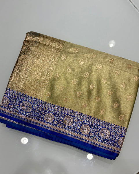 Green Banarasi Semi Silk Saree with Contrast Border and Embroidered Blouse