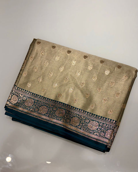 Green Banarasi Semi Silk Saree with Contrast Border and Embroidered Blouse