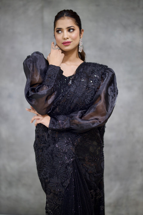 Black Net Designer Saree with Fancy Moti Work