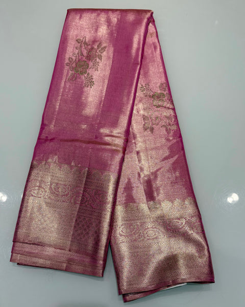 Pink Pure Silk Tissue  Kanjivaram Saree with Golden Zari Work