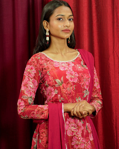 Maroon Sharara Suit with Floral Print