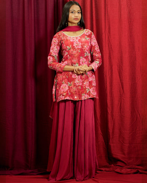 Maroon Sharara Suit with Floral Print and Zari Work