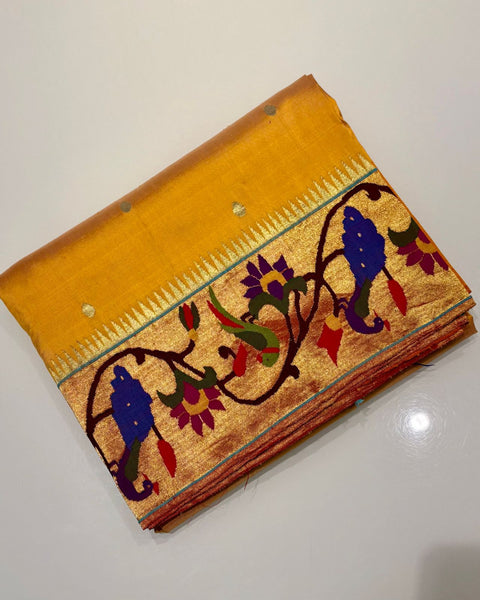 Mustard Yellow Pure Silk Heirloom Paithani with Peacock & Parrot Border